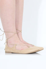 Beige Suede Lace Up Flats - Nina-Shoes