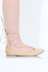 Beige Suede Lace Up Flats - Nina-Shoes