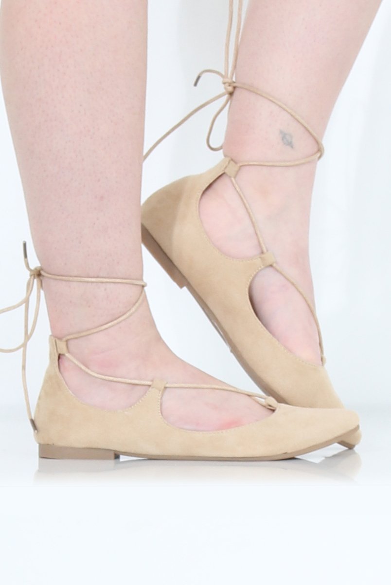 Beige Suede Lace Up Flats - Nina-Shoes