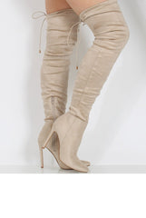 Beige Suede Over the Knee Drawstring Stiletto Boots - Avery-Boots