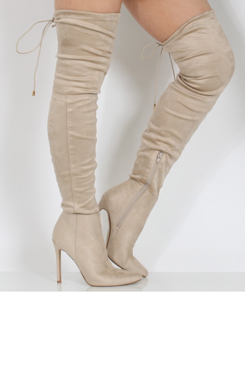 Beige Suede Over the Knee Drawstring Stiletto Boots - Avery-Boots