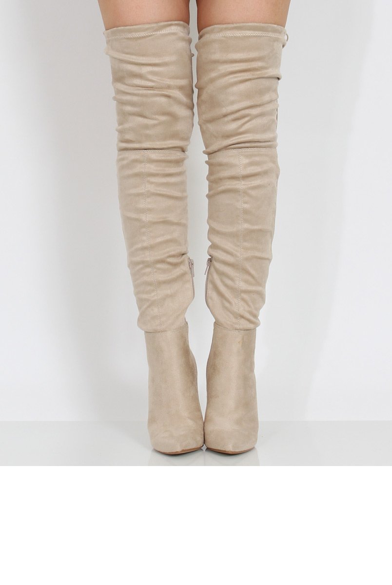 Beige Suede Over the Knee Drawstring Stiletto Boots - Avery-Boots