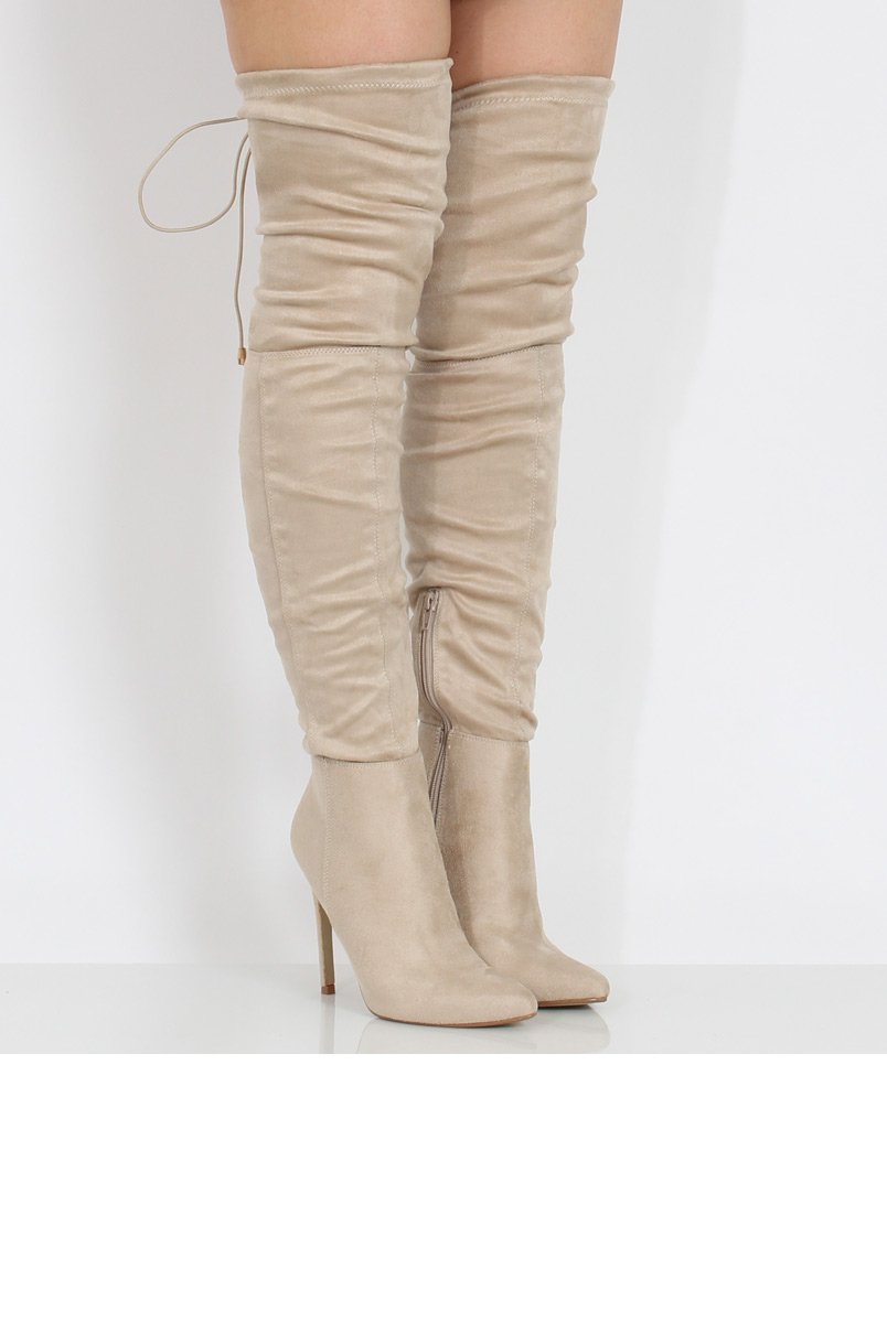 Beige Suede Over the Knee Drawstring Stiletto Boots - Avery-Boots