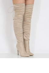 Beige Suede Over the Knee Drawstring Stiletto Boots - Avery-Boots
