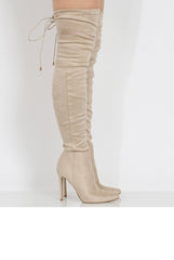 Beige Suede Over the Knee Drawstring Stiletto Boots - Avery-Boots