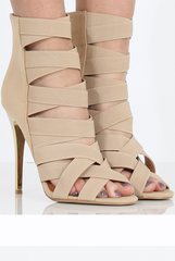 Beige Suede Strappy Elastic Heels - Heaven-Heels