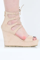 Beige Suede Tie Up Wedges - Magna-Wedges