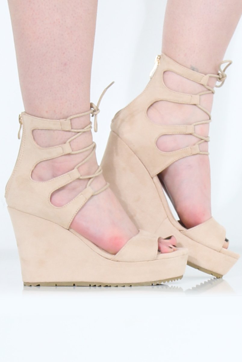 Beige Suede Tie Up Wedges - Magna-Wedges