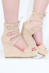 Beige Suede Tie Up Wedges - Magna-Wedges