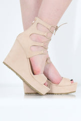 Beige Suede Tie Up Wedges - Magna-Wedges