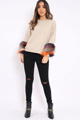Beige Sweatshirt with Multicolour Fur Sleeves - Loise-Jumper
