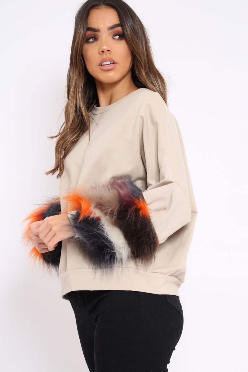 Beige Sweatshirt with Multicolour Fur Sleeves - Loise-Jumper
