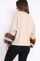 Beige Sweatshirt with Multicolour Fur Sleeves - Loise-Jumper