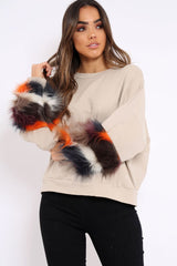 Beige Sweatshirt with Multicolour Fur Sleeves - Loise-Jumper