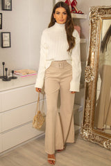 Beige Tailored Wide Leg Belted Trousers - Chenelle-Trousers