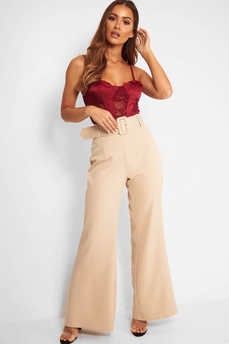 Beige Tailored Wide Leg Belted Trousers - Chenelle-Trousers