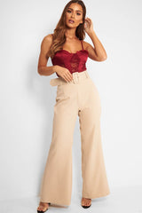 Beige Tailored Wide Leg Belted Trousers - Chenelle-Trousers