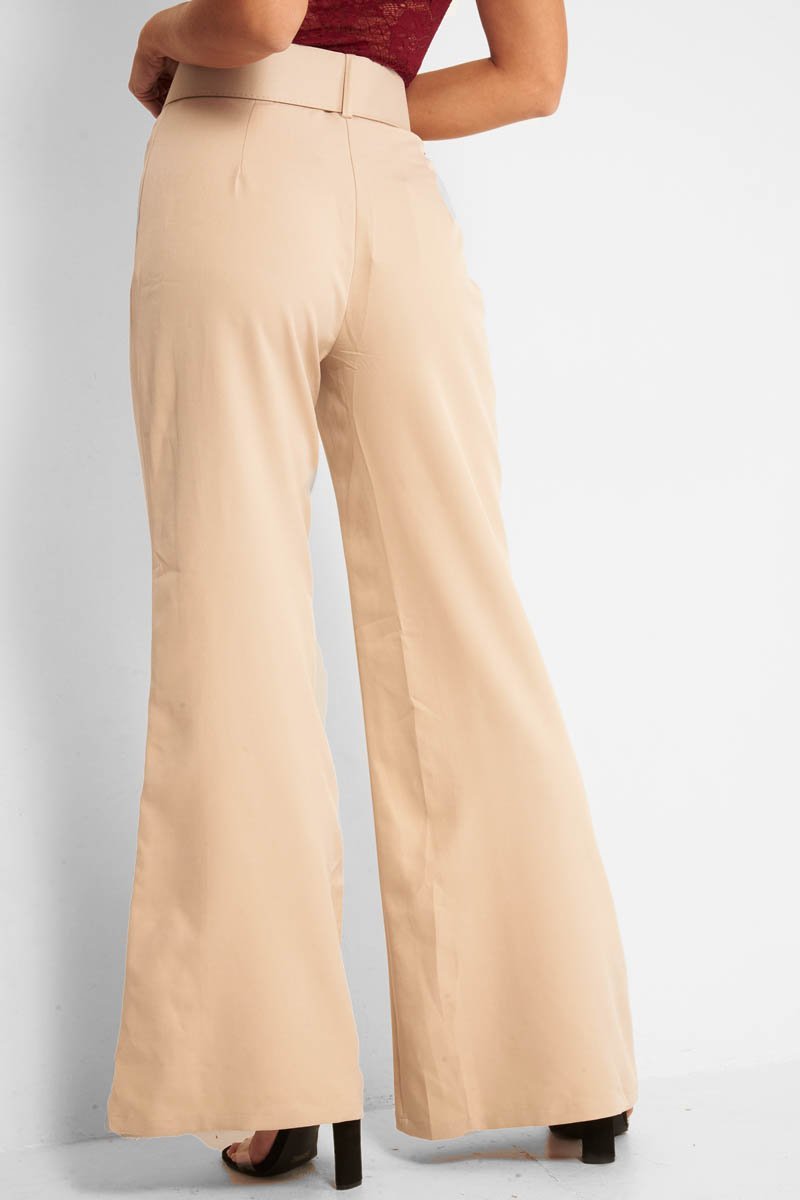 Beige Tailored Wide Leg Belted Trousers - Chenelle-Trousers