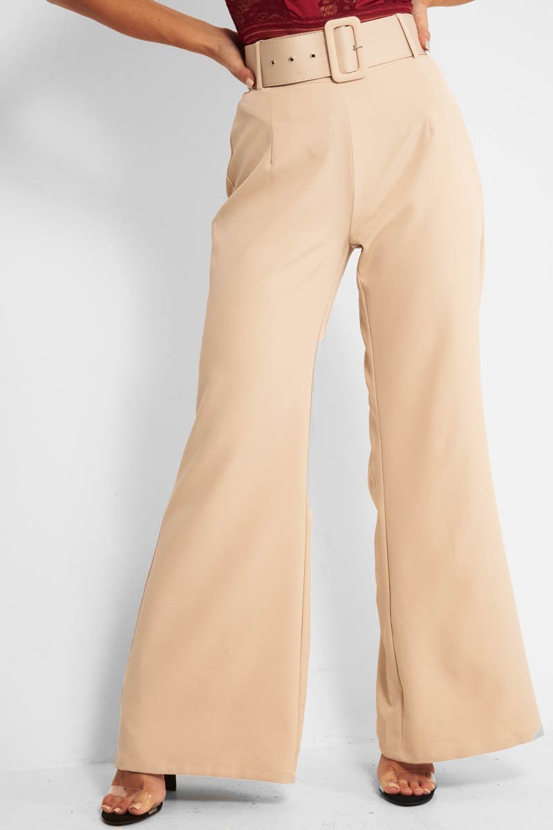 Beige Tailored Wide Leg Belted Trousers - Chenelle-Trousers