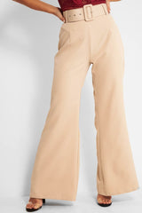 Beige Tailored Wide Leg Belted Trousers - Chenelle-Trousers