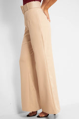 Beige Tailored Wide Leg Belted Trousers - Chenelle-Trousers