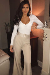 Beige Tailored Wide Leg Belted Trousers - Chenelle-Trousers