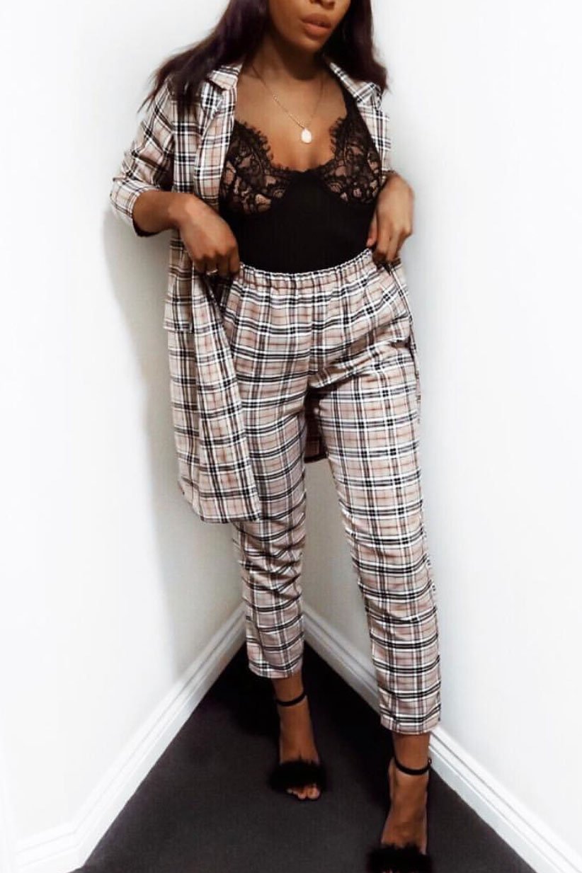 Beige Tartan Long Blazer - Kerrie-Jackets