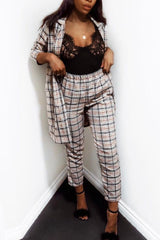 Beige Tartan Long Blazer - Kerrie-Jackets