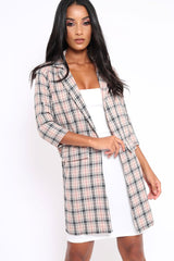 Beige Tartan Long Blazer - Kerrie-Jackets