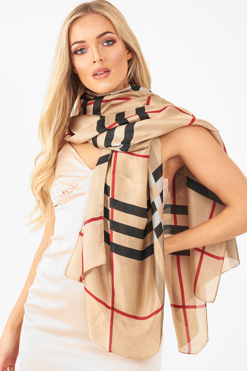 Beige Tartan Print Chiffon Scarf - Safana-Accessories