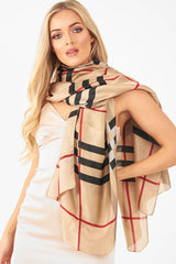 Beige Tartan Print Chiffon Scarf - Safana-Accessories