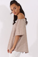 Beige Textured Bardot Split Back Top - Hadley-Tops