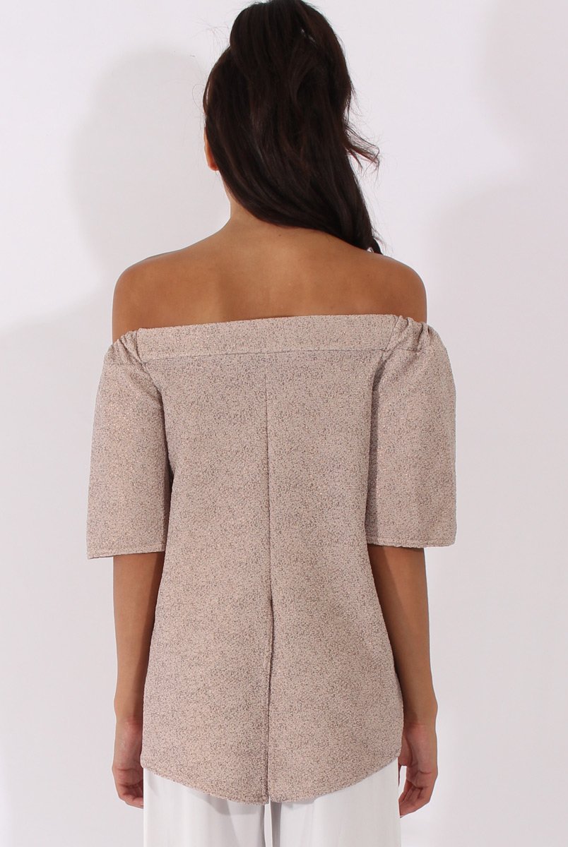 Beige Textured Bardot Split Back Top - Hadley-Tops