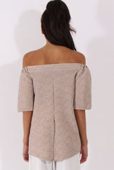 Beige Textured Bardot Split Back Top - Hadley-Tops