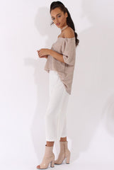 Beige Textured Bardot Split Back Top - Hadley-Tops