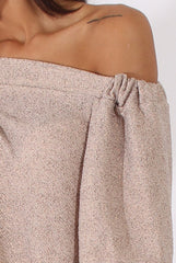 Beige Textured Bardot Split Back Top - Hadley-Tops