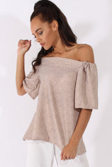Beige Textured Bardot Split Back Top - Hadley-Tops