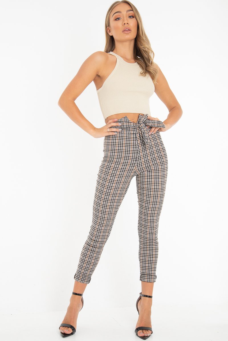 Beige Thick Rib Halter Neck Crop Top - Aariella-Crop Tops