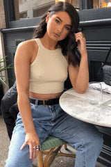 Beige Thick Rib Halter Neck Crop Top - Aariella-Crop Tops
