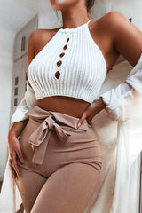 Beige Tie Front Crepe Cigarette Trousers - Ryanne-Trousers