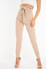 Beige Tie Front Crepe Cigarette Trousers - Ryanne-Trousers