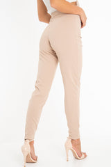 Beige Tie Front Crepe Cigarette Trousers - Ryanne-Trousers