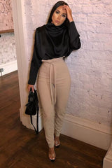 Beige Tie Front Crepe Cigarette Trousers - Ryanne-Trousers