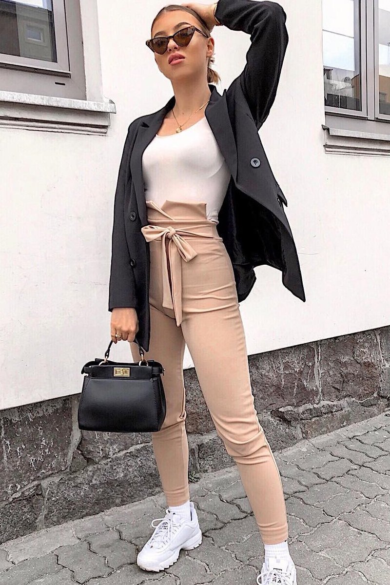 Beige Tie Front Crepe Cigarette Trousers - Ryanne-Trousers