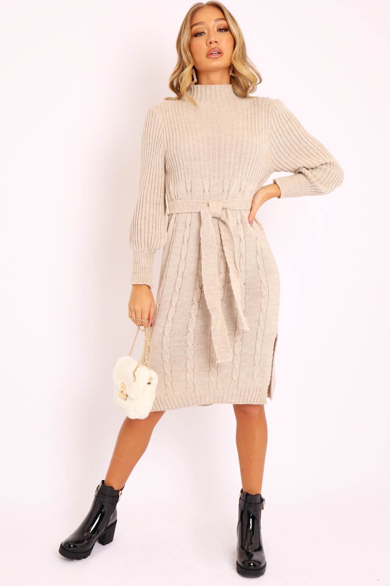 Beige Tie Waist High Neck Midi Jumper Dress - Ennie-Dresses