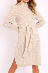 Beige Tie Waist High Neck Midi Jumper Dress - Ennie-Dresses