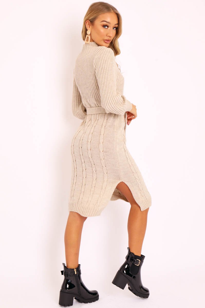 Beige Tie Waist High Neck Midi Jumper Dress - Ennie-Dresses