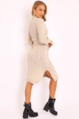 Beige Tie Waist High Neck Midi Jumper Dress - Ennie-Dresses
