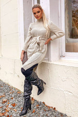 Beige Tie Waist High Neck Midi Jumper Dress - Ennie-Dresses