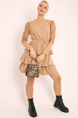 Beige Tiered Skirt Belted Dress - Cassia-Dresses